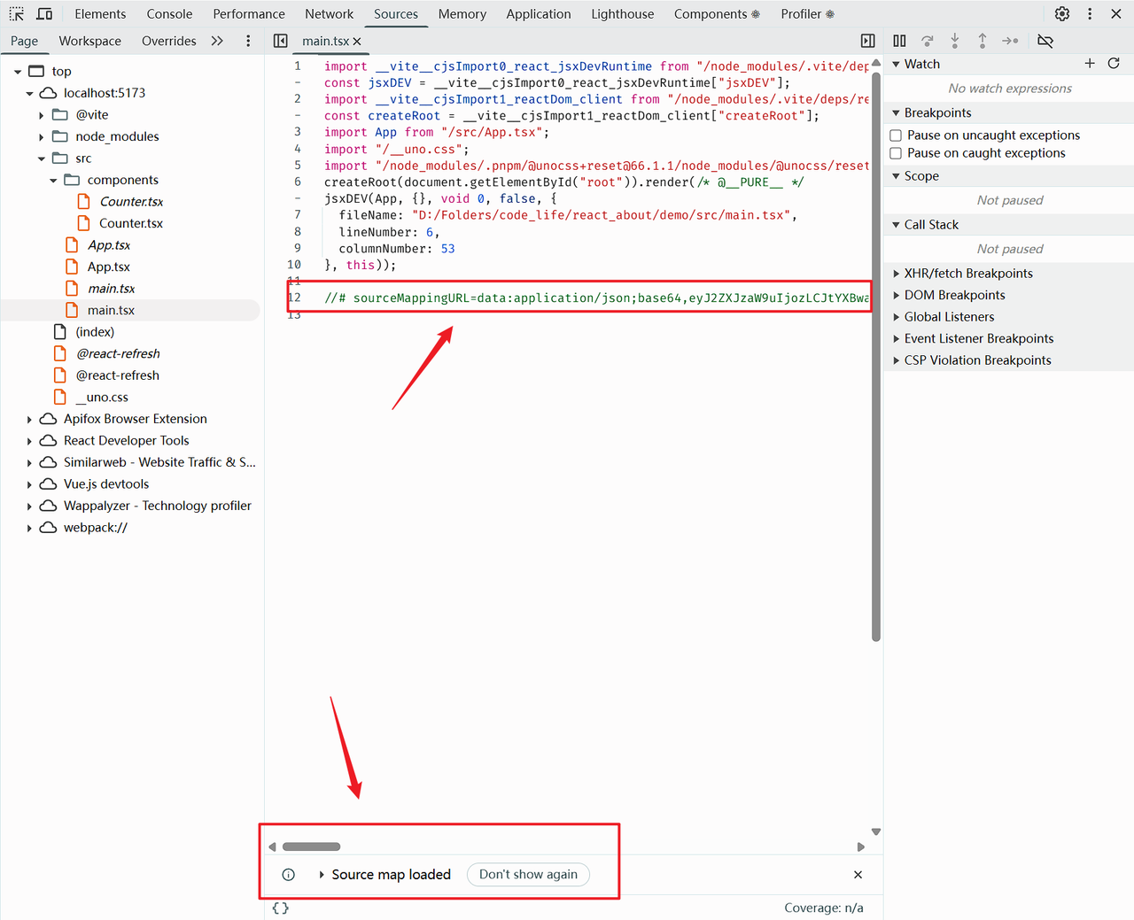 可以看到这里的 Sourcemap 是内联在编译完的 js 代码中的